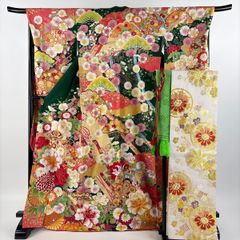 振袖 身丈170cm 裄丈68.5cm L 袷 袋帯フルセット 貝桶 草花 箔 金彩 緑 正絹 美品 名品 【中古】