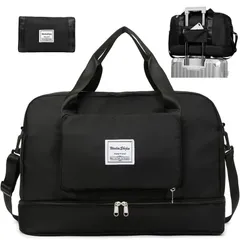 ブラック ボストンバッグ 4WAY 大容量 40L 折りたたみ スポーツバッグ キャリーオンバッグ 乾湿分離 防水 ジムバック シューズ収納 水泳バッグ 軽量 旅行カバン スーツケース固定 出張 修学 旅行用バッグ アウトドア トラベルバッグ 男女兼用 (ブラ