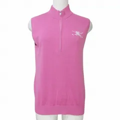 バーバリーゴルフ BURBERRY GOLF ニットプルオーバー ハーフジップ ノースリーブ ベスト ハイネック ゴルフウェア ホース刺繡 ワンポイント リブ コットン M ピンク X