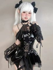ハロウィン sexy lingerie 小悪魔セットワンピース+首輪+Tバック+髪飾り+靴下 ハロウィン ロリ セクシー 魔女 コス cos エナメルスカート スーツ制服