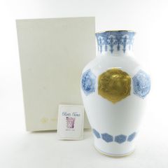 美品 OKURA 大倉陶園 呉須金蝕雲鶴鯉紋 花瓶 フラワーベース H28 花生 花器 SU6360L 
