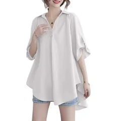 OL 通勤 無地 無地 シンプル フォーマル カジュアル 大きいサイズ おしゃれ シフォン 五分袖 オフィス ゆったり オフィス 夏 半袖Vネック レディース シャツ [ADKASS]