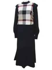 ブルーレーベルクレストブリッジ BLUE LABEL CRESTBRIDGE チェック柄 セットアップ 長袖 ニット カットソー ロング丈 スカート 38 紺系 ネイビー 切替 リブのサムネイル
