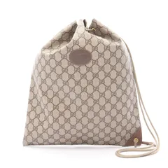 グッチ GUCCI ショルダーバッグ オールドグッチ GGプラス ベージュ/ブラウン PVCコーティングキャンバス レザー GGスプリーム 巾着 ショルダー レディース Used B