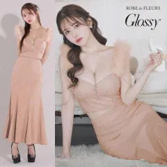 【ROBE de FLEURS Glossy / ローブドフルールグロッシー】フェザーショルダービジューリブロングキャバドレス