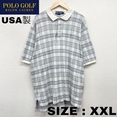 US古着 USA製 POLO GOLF RALPH LAUREN ポロシャツ 半袖 スウェット地 チェック柄 ロゴ 刺繍 メンズ XXL ビッグサイズ ホワイト×グレー