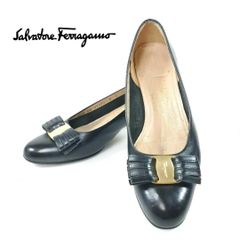 hws00504 フェラガモ Salvatore Ferragamo ヴァラ レザーパンプス US6 ブラック ローヒール イタリア製