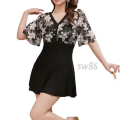 水着 レディース ワンピース 体型カバー 上品 ママ水着 リゾート XL ブラック 大人可愛い 花柄 ハイウエスト 足長効果 スカート付き エレガント 着痩せ