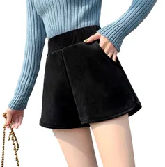 【スロウアンドメロウ】ショートパンツ ベロア ハイウエスト ウエスト ゴム レディース 短パン 韓国風 ファッション 足長 美脚 ボトムス M?XL パンツ キュロット ホットパンツ シンプル 無地 カジュアル ハーフパンツ ゆったり ボ [ブラック] [M]