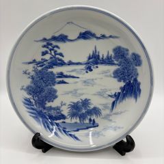 瀬戸染付】川本半助 山半銘 手描山水文 八寸皿 明治の名工 瀬戸