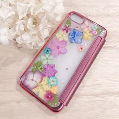 カラフルアジサイの手帳型押し花iPhoneケース