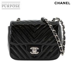 未使用 展示品 シャネル CHANEL シェブロン Vステッチ ミニ チェーン ショルダー バッグ エナメル ブラック A35200 ココマーク 90285239