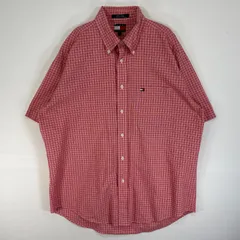 古着 90's/90年代 トミーヒルフィガー TOMMY HILFIGER 半袖シャツ ロゴ 刺繍 胸ポケ ボタンダウン L  レッド系 チェック メンズ