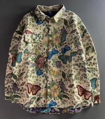 《新品・未使用》蝶々と花柄ジャガード 長袖 ゆったりレトロカジュアルシャツ(K)