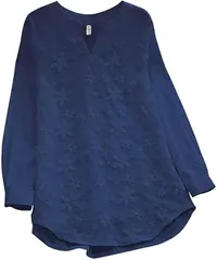 emptio エンプティオ 花柄 ブラウス 長袖 レディース シフォン チュニック 襟なし エレガント トップス ユッタリ(ネイビーブルー,  M)