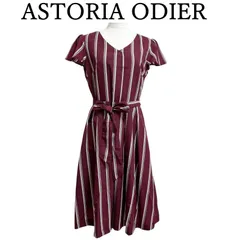 ASTORIA ODIER アストリアオディ ール  レディース　オケージョン ワンピース 夏　ストライプワンピース カジュアル 半袖 Vネック 膝丈 ウエストリボン えんじ レッド系 M 9号