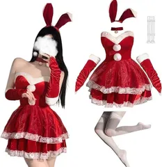 サンタ コスプレ6点セット S-XLワンピース 白網タイツ バニーガール サンタクロース 兎耳 ウサギ カチューシャ クリスマス サンタコスチューム ミニスカ 日常 室内 舞台 演出服 イベント 仮装 忘年会 文化祭 新年会 パーティー レディース