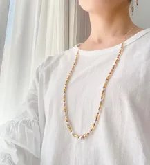 ガラスビーズ&淡水ベビーパール　ロングネックレス　ゴールド　金属アレルギー対応