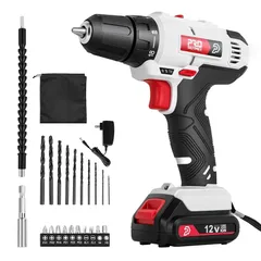Prostormer 電動ドリル 12V 充電式 電動ドリルドライバー コードレス 正逆転切替 18+1段階トルク 最大30N.m 1500ｍAh LEDライト 21本ビット1本延長棒 DIY 工具セット 穴あけ 締付工具 取扱説明書 0
