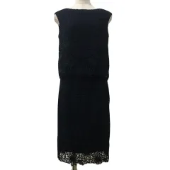 トランテアン ソン ドゥ モード 31 Sons de mode セットアップ カットソー プルオーバー ボートネック ノースリーブ スカート タイト ひざ丈 透け感 レース 総レース 刺繍 38 紺 ネイビー