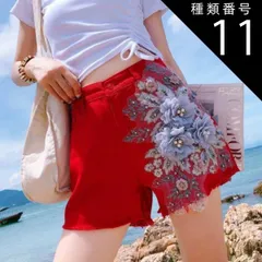 種類11：レッド/XL ビジュー 花モチーフ デニム ショートパンツ ボトムス パンツ デニムパンツ ミニ ミニ丈 ショート ショート丈 レース 刺繍 ファスナー ポケット デニム かわいい 大人可愛い カジュアル おしゃれ お洒落 かっこいい こなれ感 ラフ