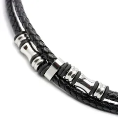 【迅速発送】シルバーワン ge メタルビーズ 2連 レザー チョーカー 黒 スライドロック式［幅16mm 45cm 50cm］メンズ ステンレス 編み込み ブラック ネックレス