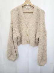 ◇ ⊇ NICE CLAUP ショート丈 長袖 シャギーニット カーディガン サイズF ピンクベージュ系 レディース メンズ E  【1506110014535】