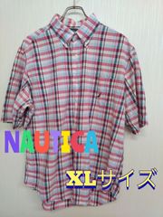 NAUTICA　ノーティカ　ピンク(赤×黒×水色)　チェック半袖シャツ　XL　コットン100％　着丈75.5ｃｍ　身幅66ｃｍ　肩幅51ｃｍ　袖丈29ｃｍ