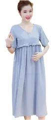 (Miwoluna) マタニティ ワンピース 授乳服 部屋着 パジャマ ロング マキシ 半袖 授乳口付き ゆったり リラックス マキシ丈 胸フリル 春 夏 グレー M [グレー] [M]