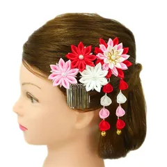 七五三 髪飾り 三歳 七歳 日本髪 つまみ細工 赤 花 2点セット ピンク 白 ちりめん 下がり 藤 鈴付き ビラ簪 パール ピン ぱっ No.12-0122