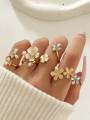 リング レディース セット 4個セット 風 フェイクパール&ラインストーン バタフライ フラワーリング、フェイクジェムストーン 5ペタル フラワー スタッカブルリング レディース用