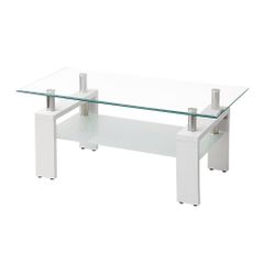 OSJ ガラステーブル コーヒーテーブル 強化ガラス天板 幅88cm クリア天板+ホワイト脚 木製脚