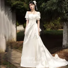 ウェディングドレス フレンチ風 サテン 2025夏 新作 花嫁用 トレーン付き 高級感 結婚式 二次会 フォト撮影 シンプル ロング丈sq今季トレン