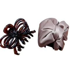 まとめ髪　レディースバンスクリップ　２個セット　べっこう風　サテンリボン　ベージュ　ブラウン