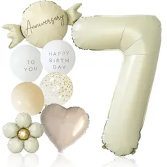 【新品】 deerzon くすみホワイト 7歳 くすみカラー 数字 バルーン 誕生日 飾り付け 10点 セット 大きい 65cm くすみ ニュアンスカラー ナンバーバルーン バースデー 0