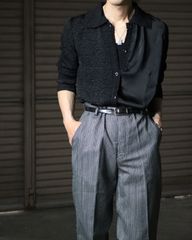 asymmetry design washer satin sheer l/s shirt black アシンメトリー デザイン ワッシャー プリーツ とろみ シアー サテン シャツ 黒 ブラック 透け感