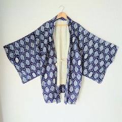Japanese Vintage Haori Long Blue Shibori Kikkou pattern Silk Kimono Jacket Old-ⅽloth 長羽織 羽織 正絹 藍色 絞り 花亀甲柄 古布 時代布 一点物 大正浪漫 和洋折衷