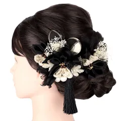 髪飾り 成人式 つまみ細工 カスミソウ シフォン レース サテン パールビーズ 房 ゴールド 振袖 前撮り 袴 花 黒 ベージュ 白 No.9-5533