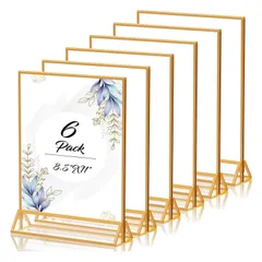Size:A4 Olesew アクリル サインホルダー ゴールドフレーム フォトフレーム サインスタンド 【A4判 6本セット】 両面用 アクリル製 透明 縦置き 垂直スタンド付き テーブル番号/広告/写真/メニューの表示 POPスタンド 6本セット (A4)