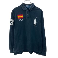 POLO RALPH LAUREN 長袖 ポロシャツ L ブラック ポロラルフローレン ハーフボタン バックプリント 刺繍 古着卸 アメリカ仕入 a708-5034