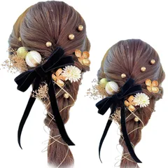 J0022 専用ケース付き 網型飾り かすみ草 水引き 和玉 ブラックリボン ベロアリボン ベロアリボン 金箔 ドライフラワー 七五三 浴衣に 袴 着物 和装 振袖 卒業式 成人式 髪飾り [JZOON]