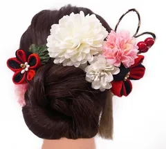 髪飾り 成人式 振袖 袴 4点セット赤 ピンク 白 大人 浴衣 かんざし 簪 卒業式 フォーマル 結婚式 花飾り つまみ細工 リボン ちりめん ブライダル W53 髪飾り 303-268 赤 n733　WSi