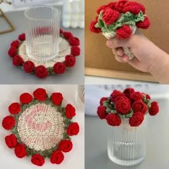[完成品] れないお花 編み物 手編み 花形コースター バラの花束 ハンドブーケ 編物コースター 母の日 父の日  記念日 卒業式 成人式 プレゼント 引越し贈り物のサムネイル