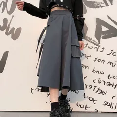 韓国ファッション スカート レディース ロングスカート グレー フレアスカート デザインスカート Aラインスカート Aライン アシンメトリー 無地 おしゃれ シンプル 大人可愛い かっこいい モノトーン