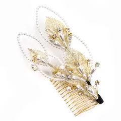 髪飾り コーム型 ラインストーン パール ゴールド 白 下がり ゆらゆら キラキラ ラメ リーフ 葉 小さい かんざし かわいい 粋 No.9-3435
