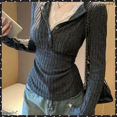 レース付リブニットトップス Vネック長袖 レディースタイトニット無地 柔らかいニット ベーシックニット きれいめ インナートップス 着やせ薄手ニット細見えトップス フェミニンTシャツ 細身Tシャツ 通勤 ダークトーンニット