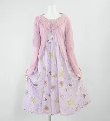 美品 *2点セット* PINK HOUSE ◆ 染花とリボンのまどいプリント ミディ ワンピース / 透かしカーディガン パープル ピンクハウス ◆G071