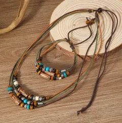 ユニセックスネックレス・ブレスレットセットウッドビーズ個性サーファーアジアン