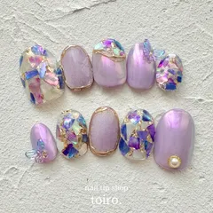 no.008 ネイルチップ　紫陽花ネイル　梅雨ネイル　あじさいネイル　つゆネイル　紫陽花　シェル　シェルネイル　パープル　ブルー　夏ネイル　オーロラ　マグネットネイル　ショート　ベリーショート　オーダー　韓国　うるうる　ちゅるん　量産型