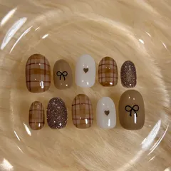 ネイルチップ ニュアンスネイル  オーダーチップ リボン チェック